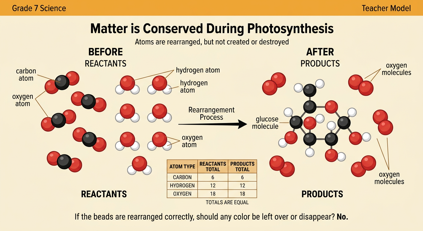 A colored-bead molecule model shows carbon dioxide and water atoms rearranged into glucose and oxygen without adding or removing beads.