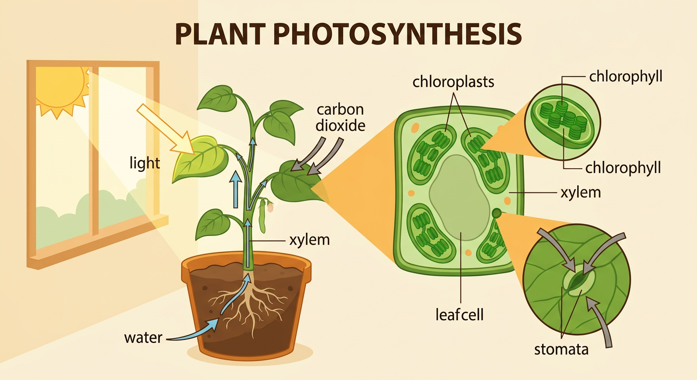 A bean plant diagram shows sunlight reaching a leaf, water moving up from the roots, and carbon dioxide entering through leaf openings.