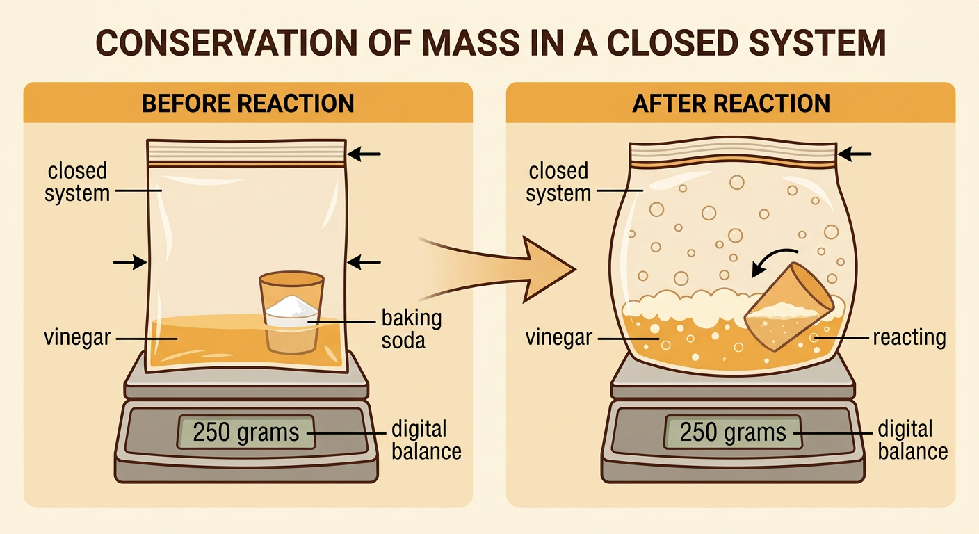 A sealed plastic bag contains vinegar, baking soda, bubbles, and a balance reading of 250 grams before and after mixing.