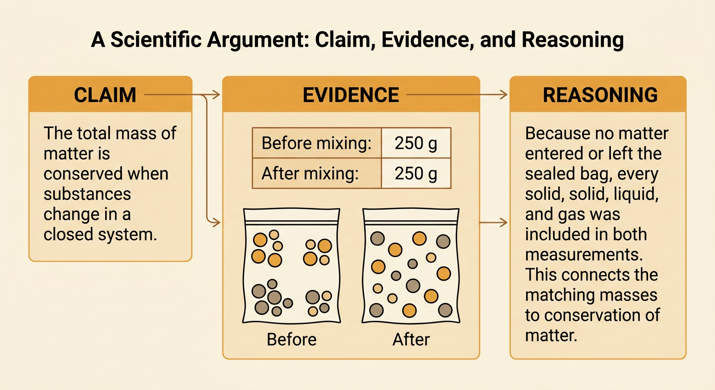 A three-part organizer connects a conservation-of-matter claim to mass and particle evidence through reasoning.