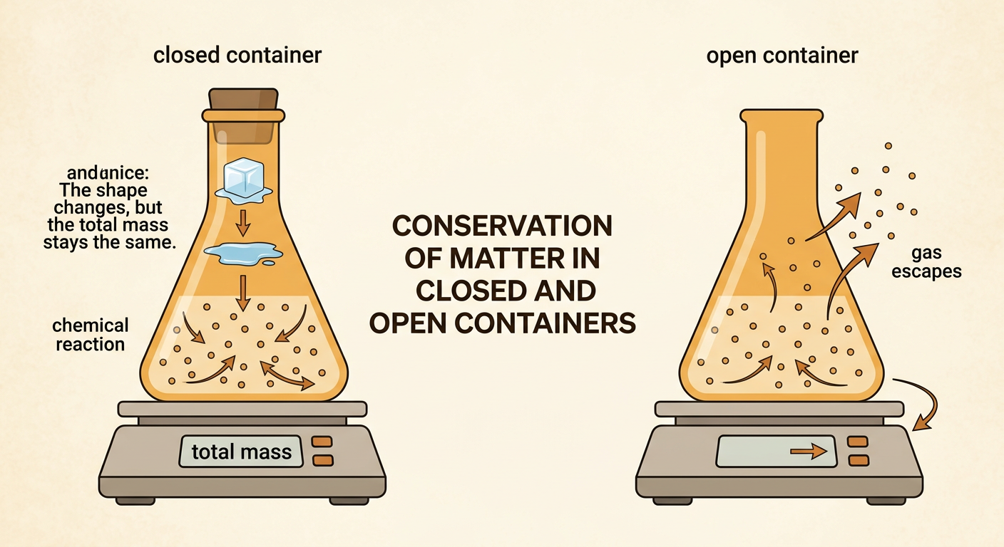 A comparison shows melting ice staying inside a closed container while gas escapes from an open container.