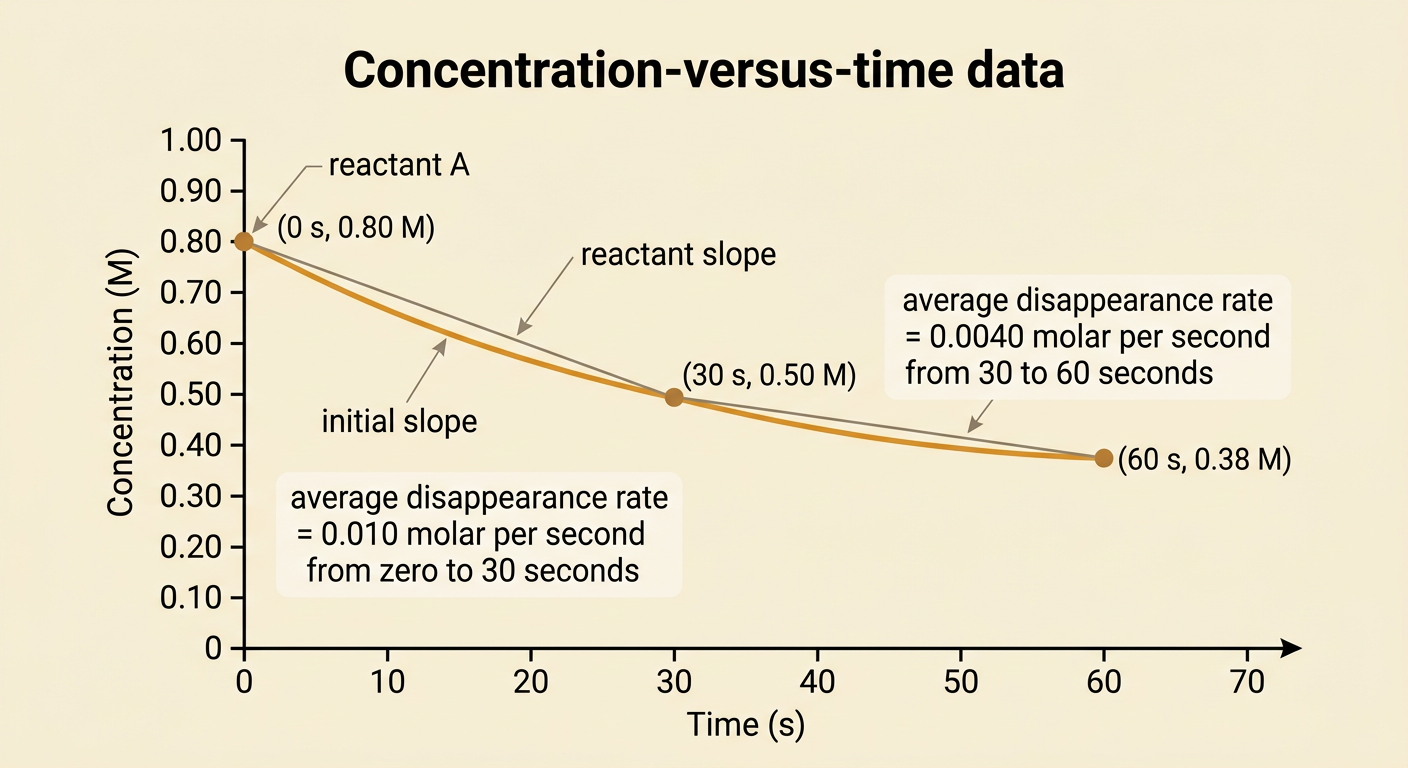 A concentration-versus-time graph for reactant A shows a steep early decrease followed by a flatter later decrease.