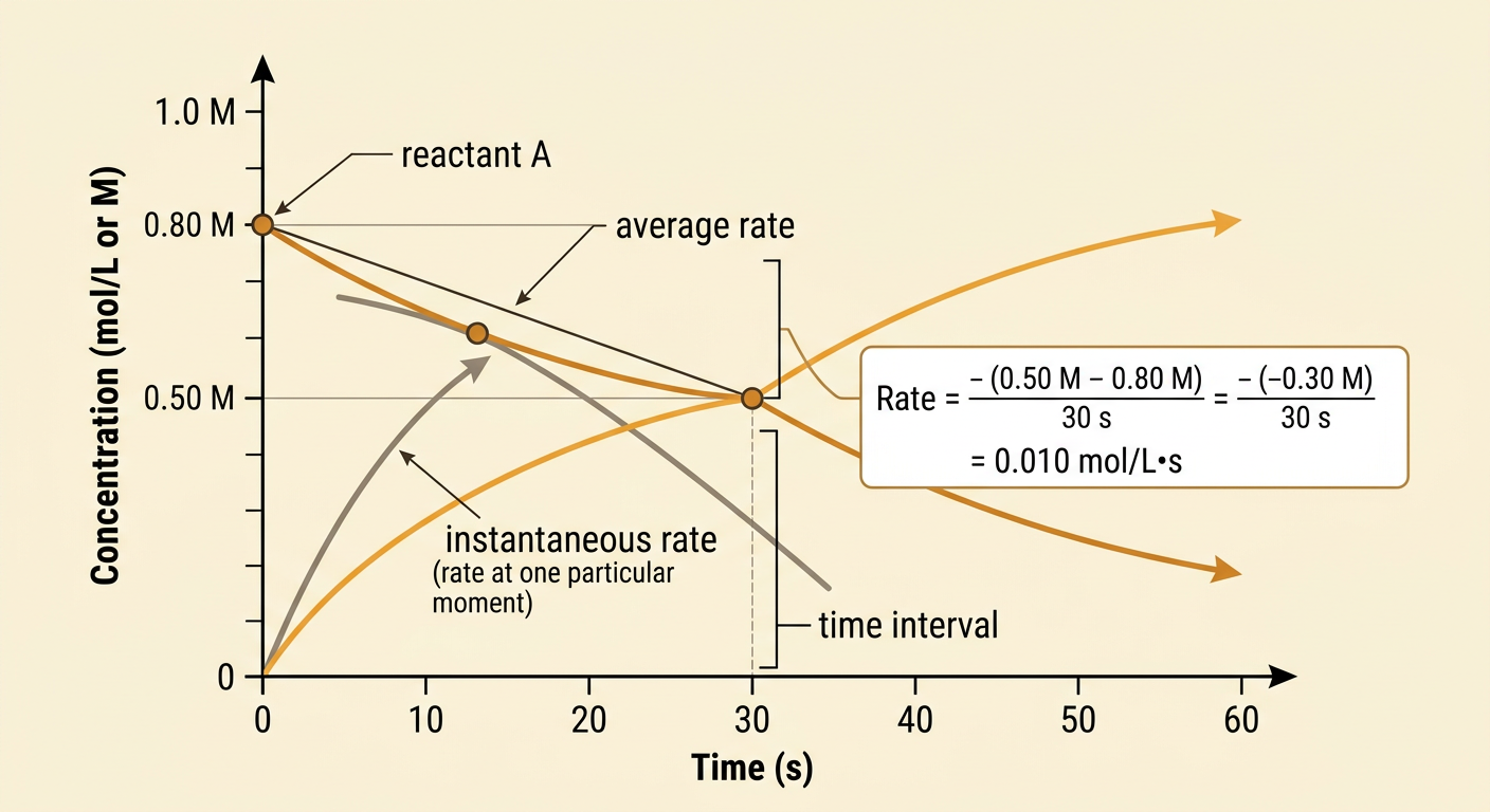A concentration-versus-time graph shows reactant A decreasing from 0.80 molar to 0.50 molar over a 30-second interval.