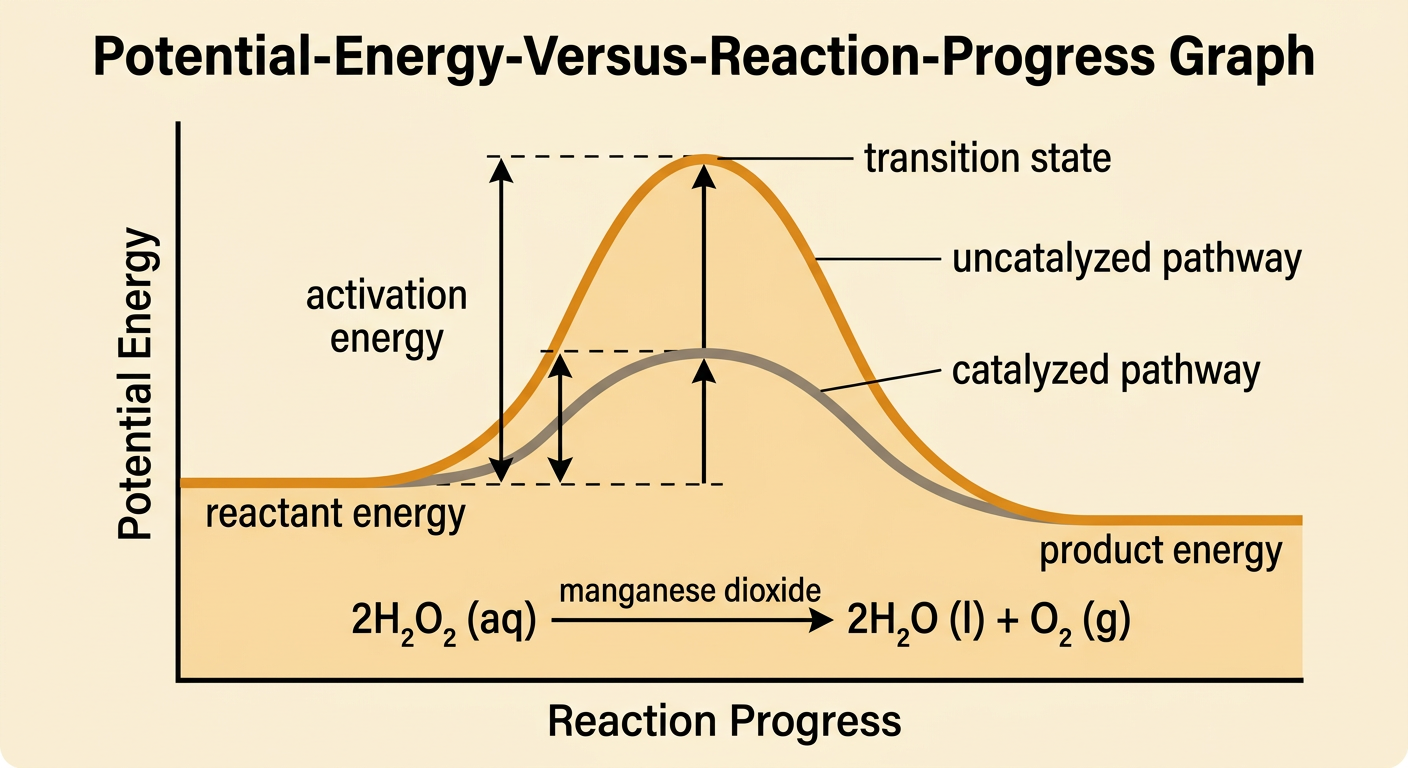 An energy diagram compares a high uncatalyzed pathway with a lower catalyzed pathway between the same reactant and product energies.