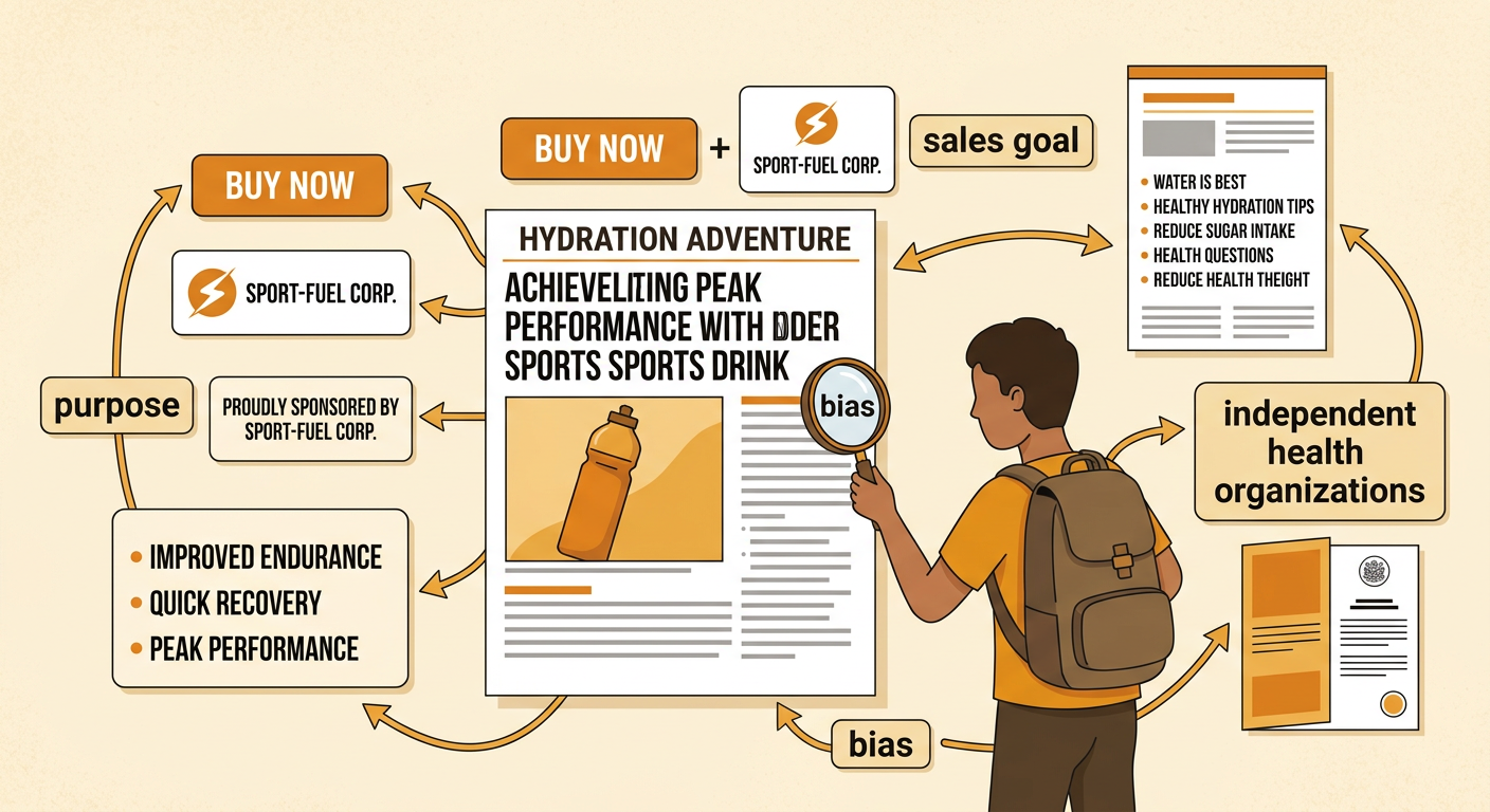A sports drink advertisement uses hydration facts and dramatic language while an independent health guide offers balanced advice.