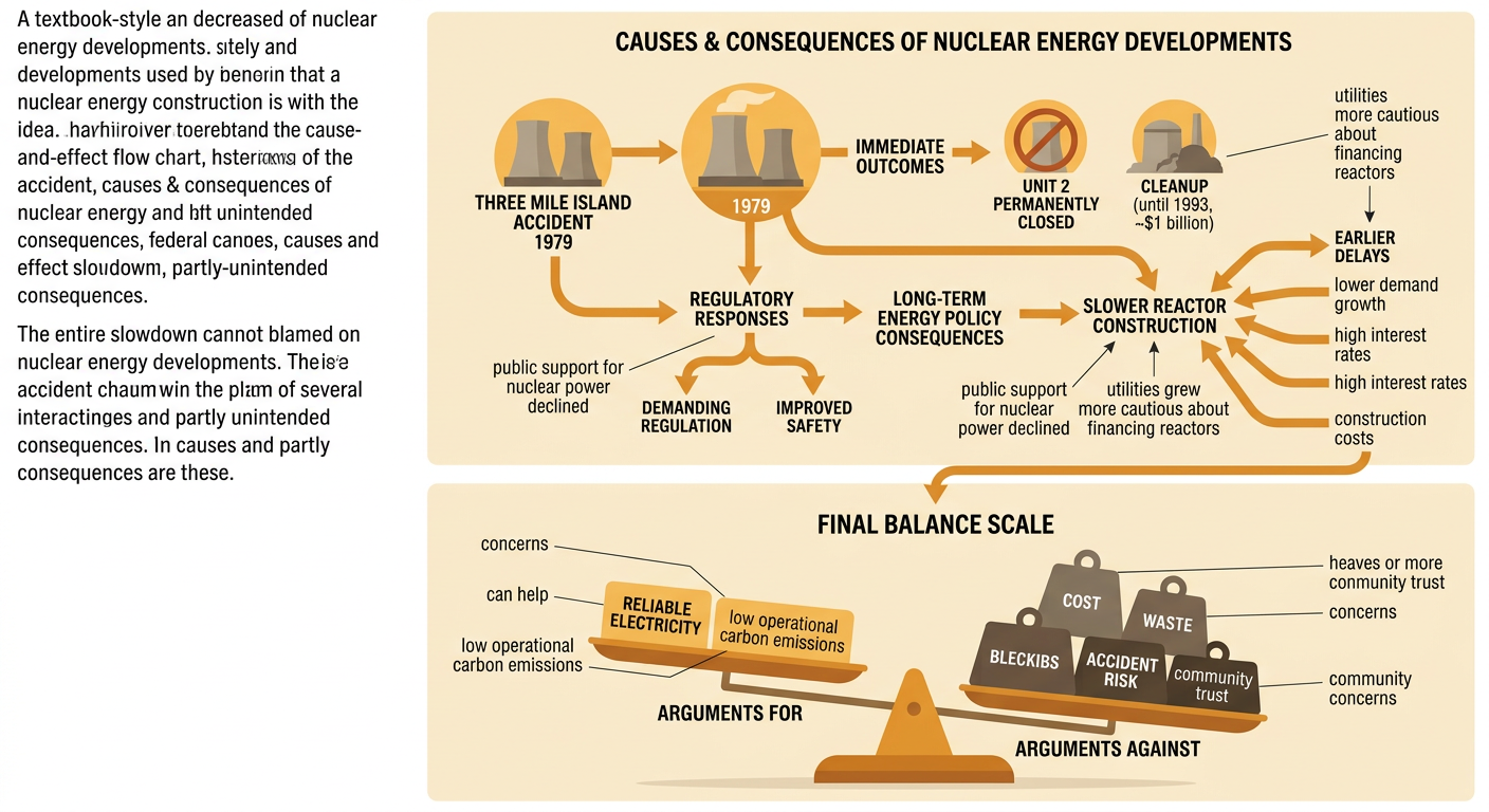 A cause-and-effect balance shows the accident alongside economic factors leading to safety reforms, higher costs, and modern energy-policy trade-offs.