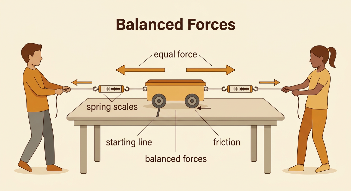 A toy cart rests on a level surface as equal pulls act in opposite directions and spring scales show matching measurements.
