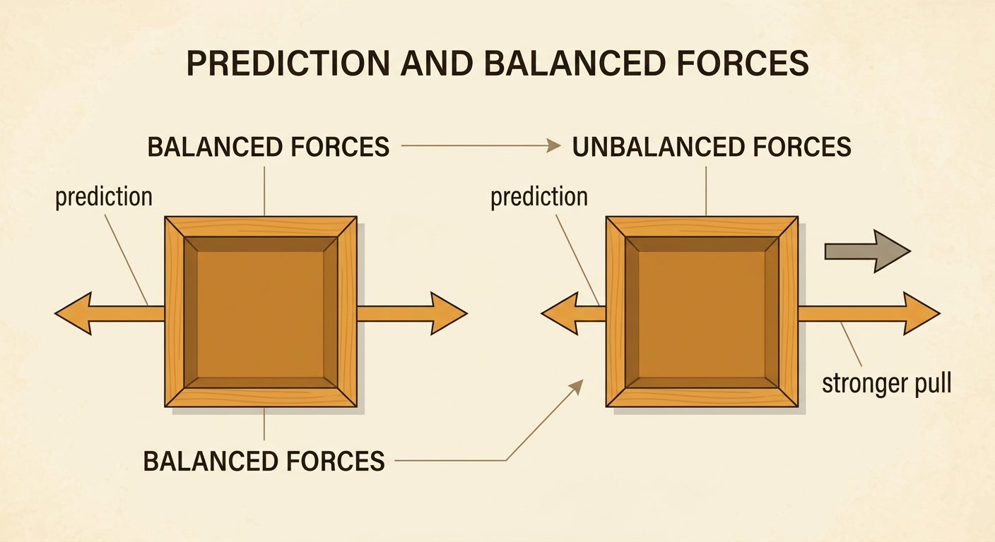 Two side-by-side box diagrams show equal opposite arrows for balanced forces and unequal arrows for unbalanced forces.