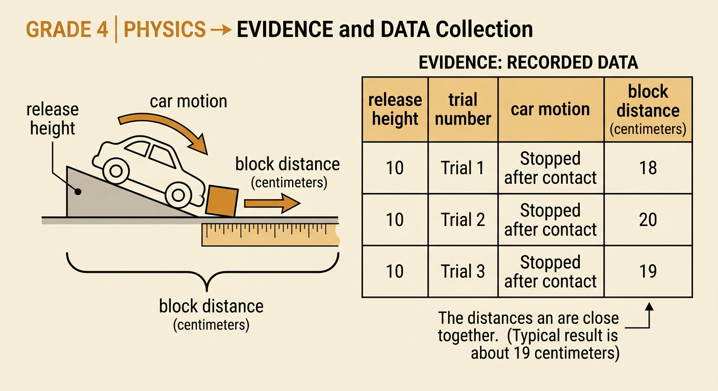 A completed data table records three collision trials with heights, motions, and measured distances.