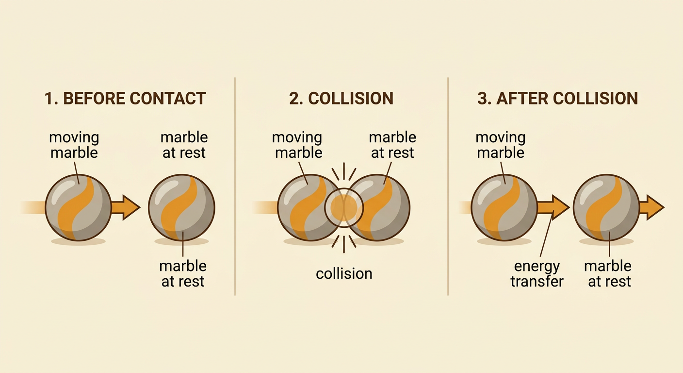 A before-and-after diagram shows one marble striking another and transferring energy of motion.