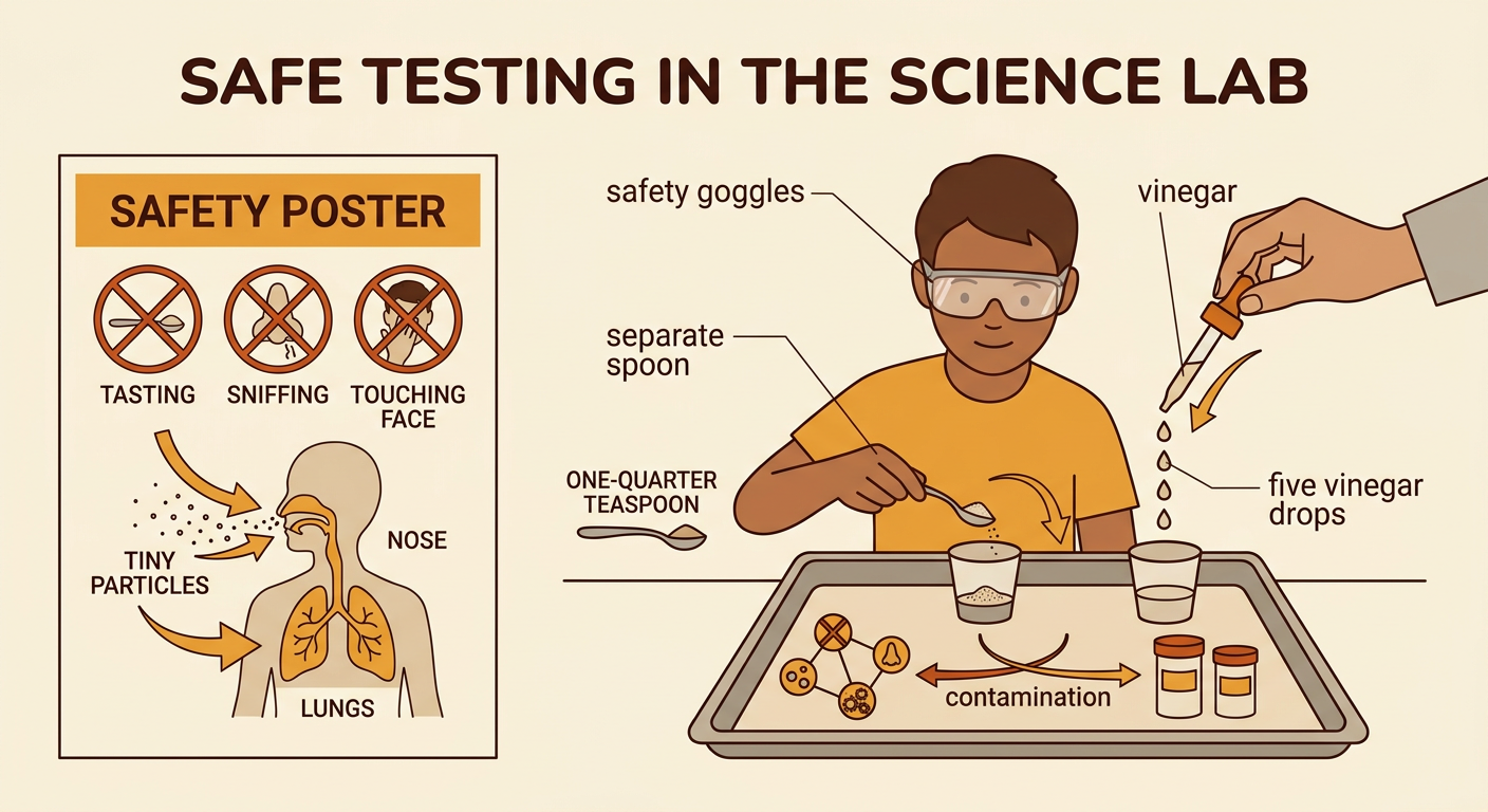 A safe powder-testing station shows goggles, separate tools, a measured powder sample, and a vinegar dropper.