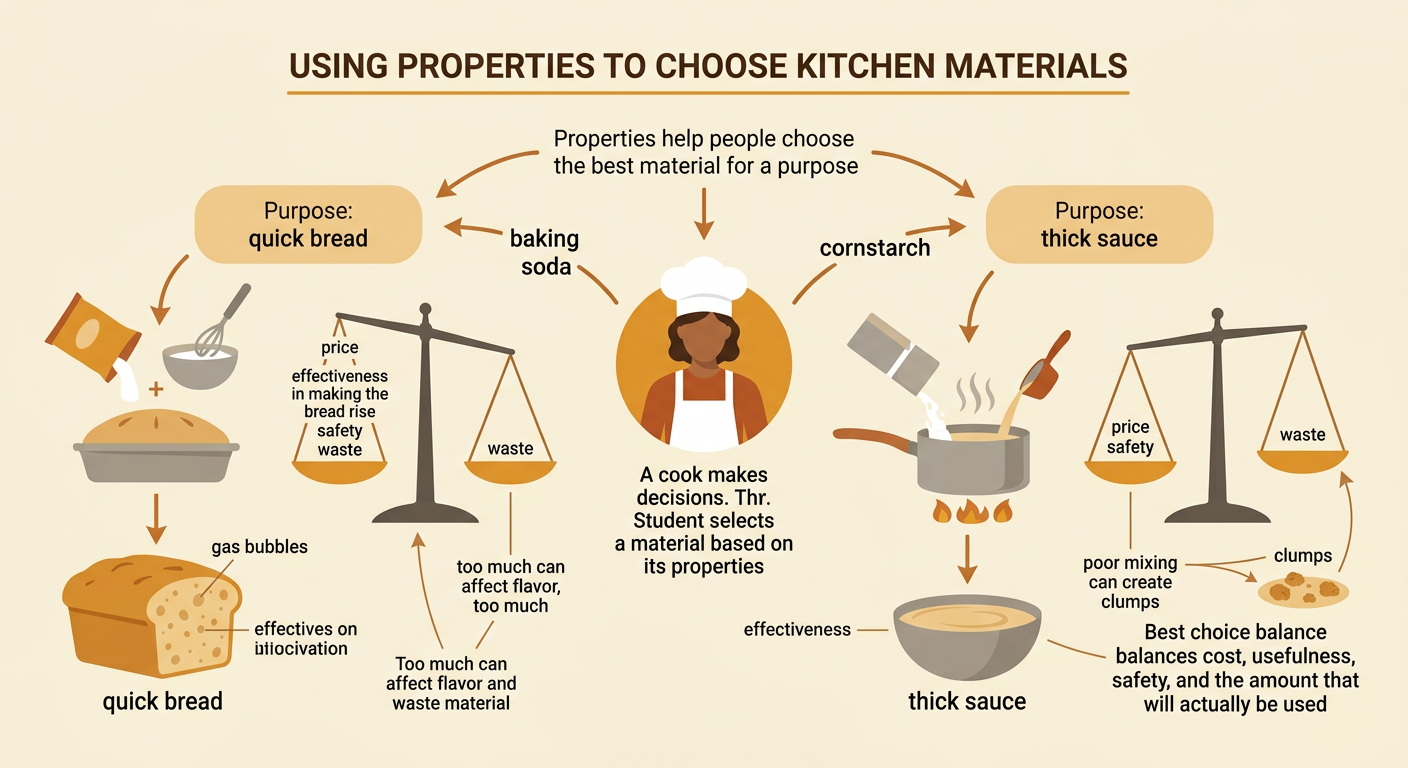 A kitchen scene shows baking soda helping quick bread rise and cornstarch thickening a sauce, with cost and waste compared.