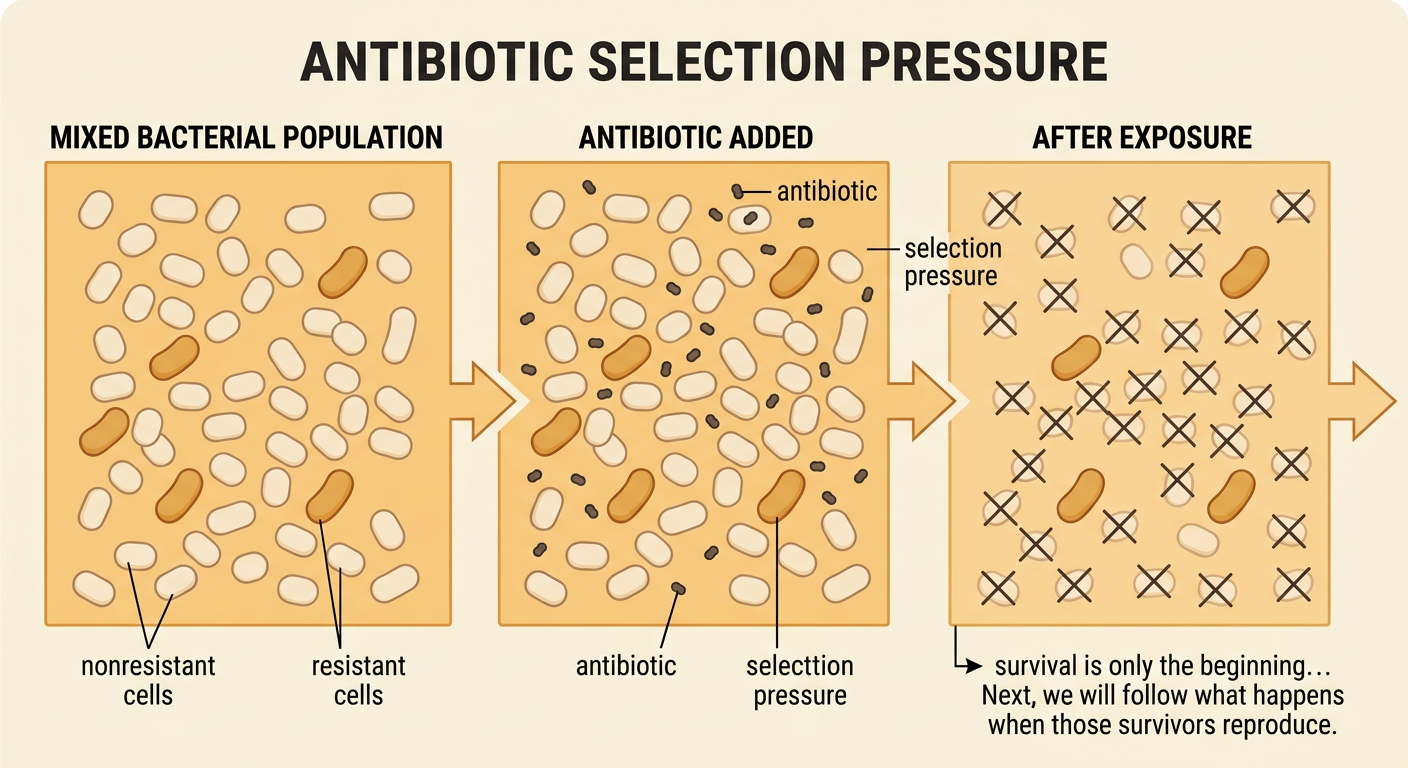 An antibiotic removes most nonresistant bacteria while four resistant cells survive the selection pressure.