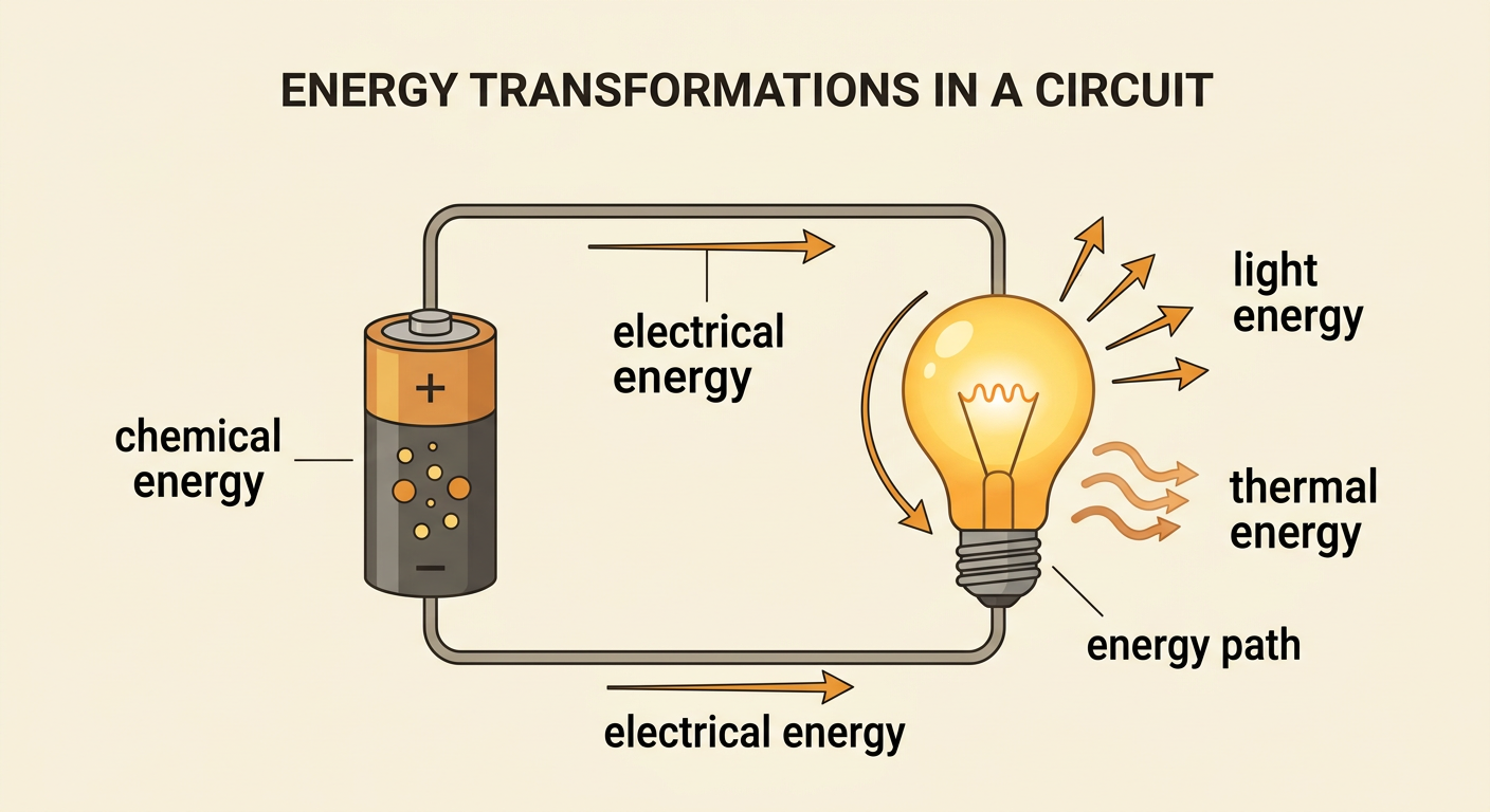 Arrows trace energy from a battery through wires to a glowing bulb that also gives off heat.