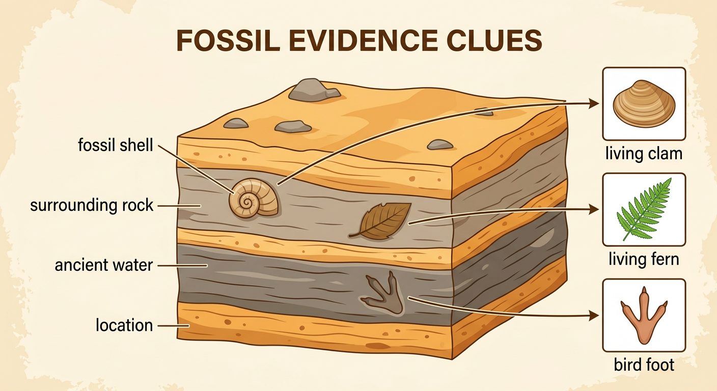 A cutaway of dry land shows a fossil shell in rock and an ancient water level over the same location.