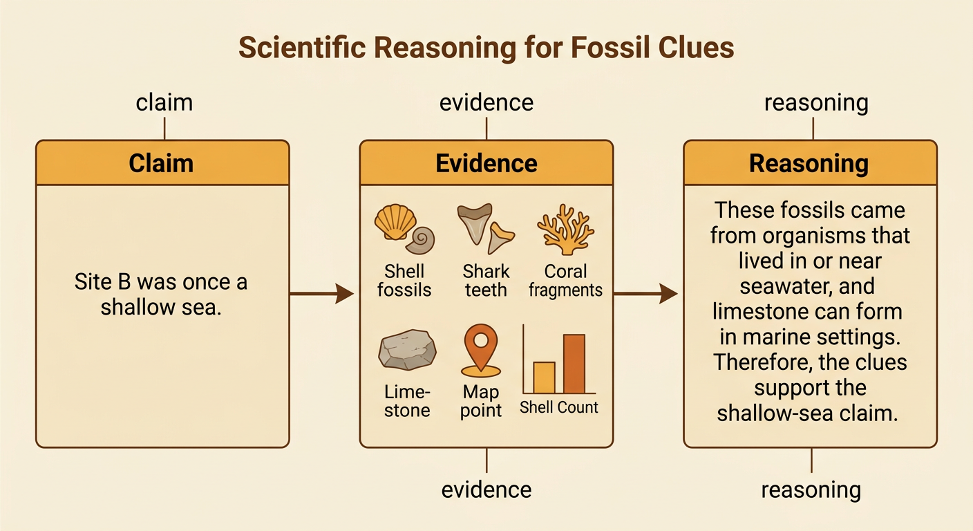 A claim-evidence-reasoning organizer connects Site B fossil clues to the conclusion that a shallow sea once covered the area.
