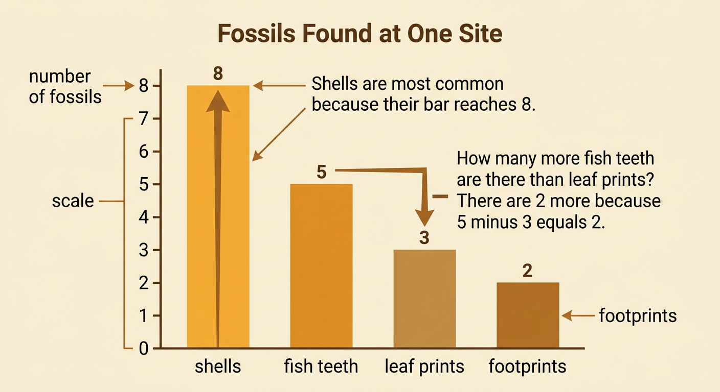 A bar graph compares counts of shells, fish teeth, leaf prints, and footprints from one fossil site.