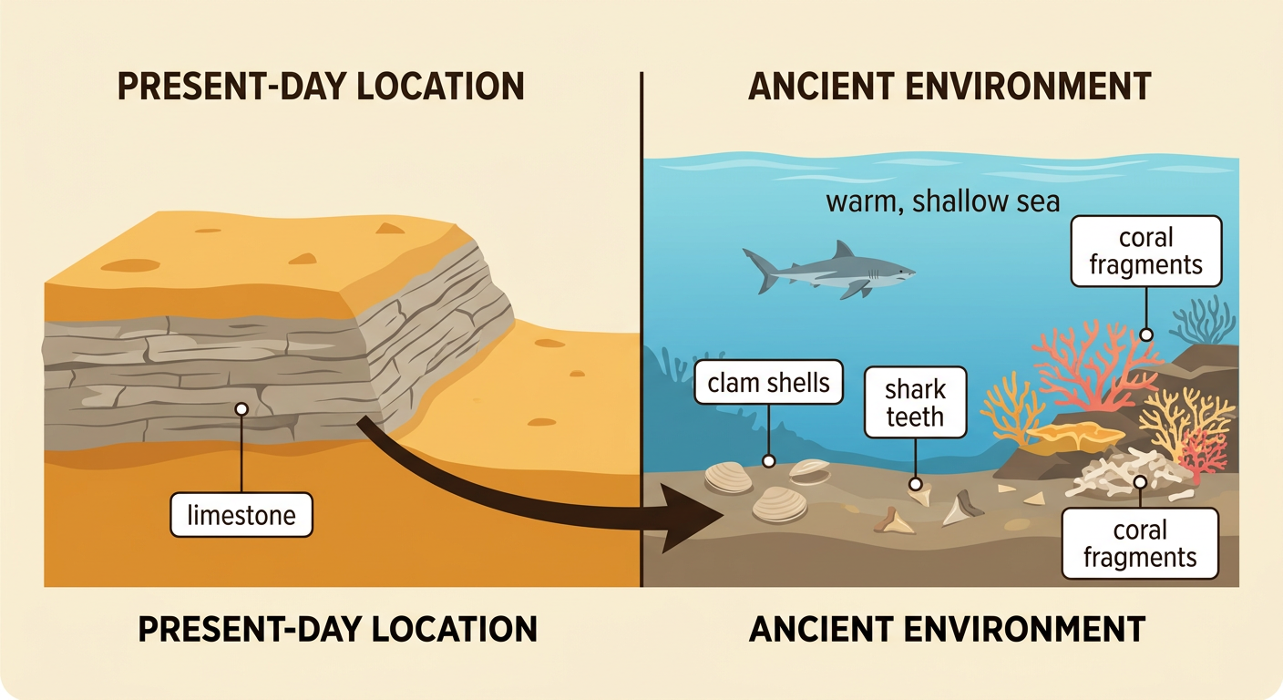An ancient warm, shallow sea contains clams, sharks, and coral above a forming limestone layer.