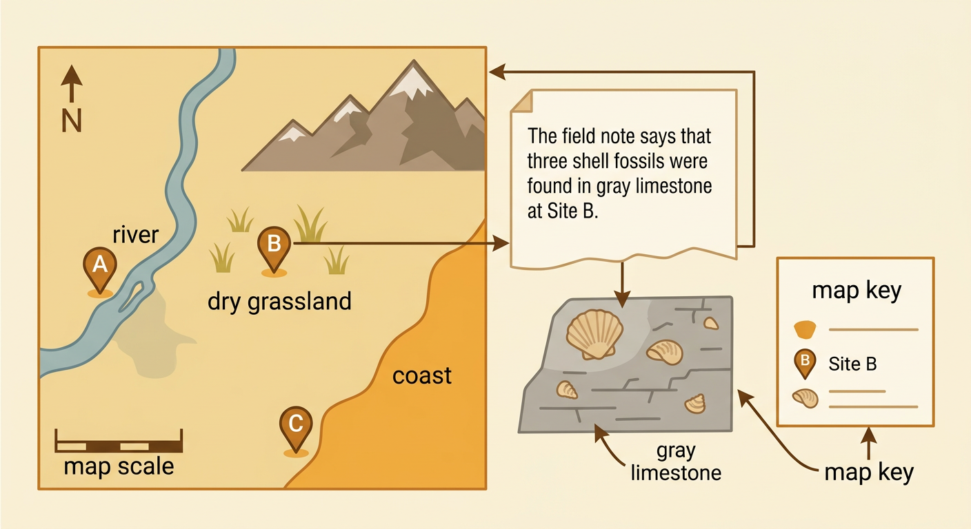 A field note appears beside a present-day map showing Site B in dry grassland far from the coast.