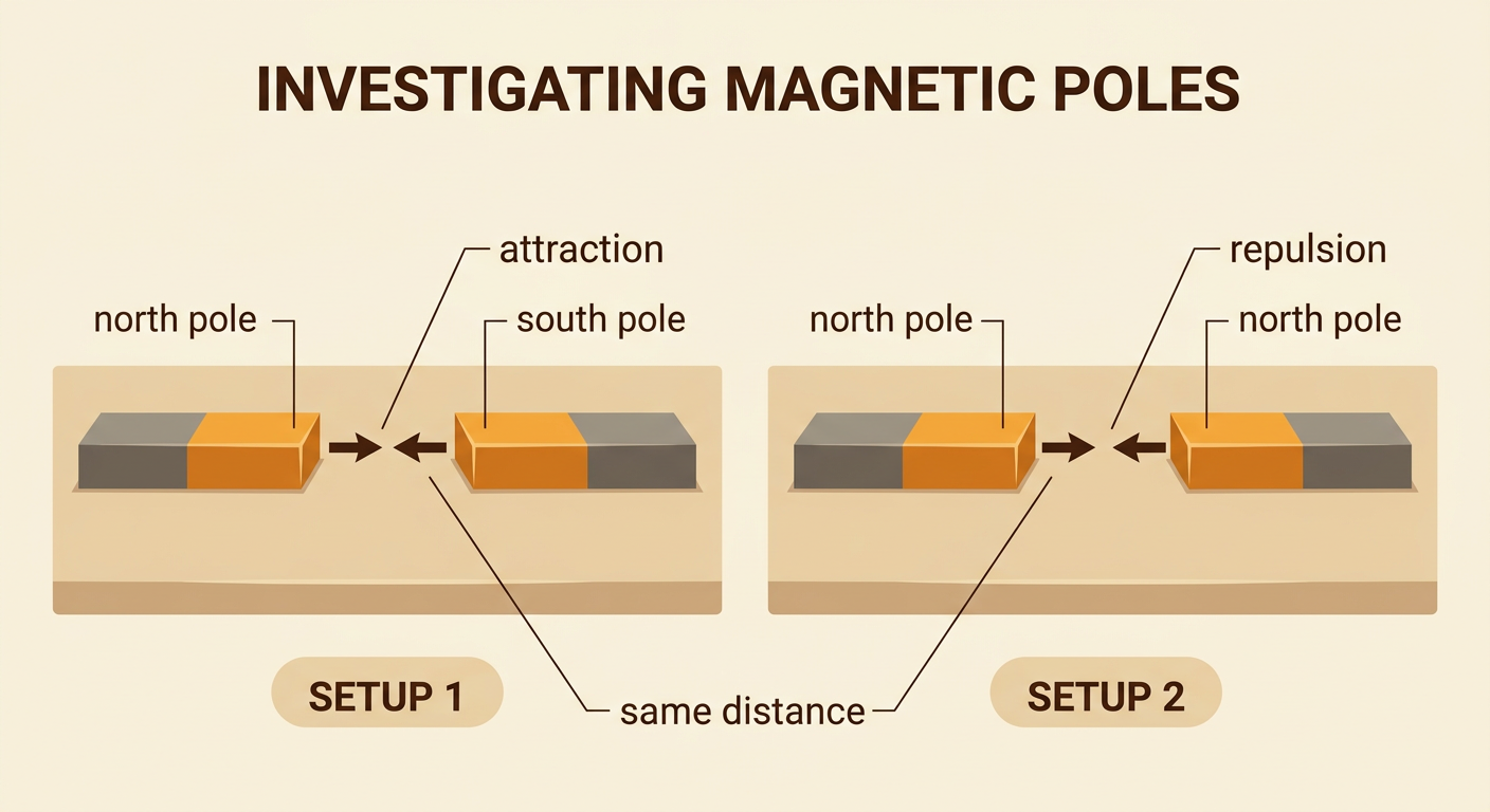 Two side-by-side magnet setups show opposite poles pulling together and like poles pushing apart from the same starting distance.