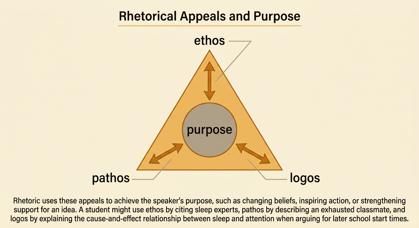 A student argues for a later school start time while three connected branches show credibility, emotion, and reasoning.