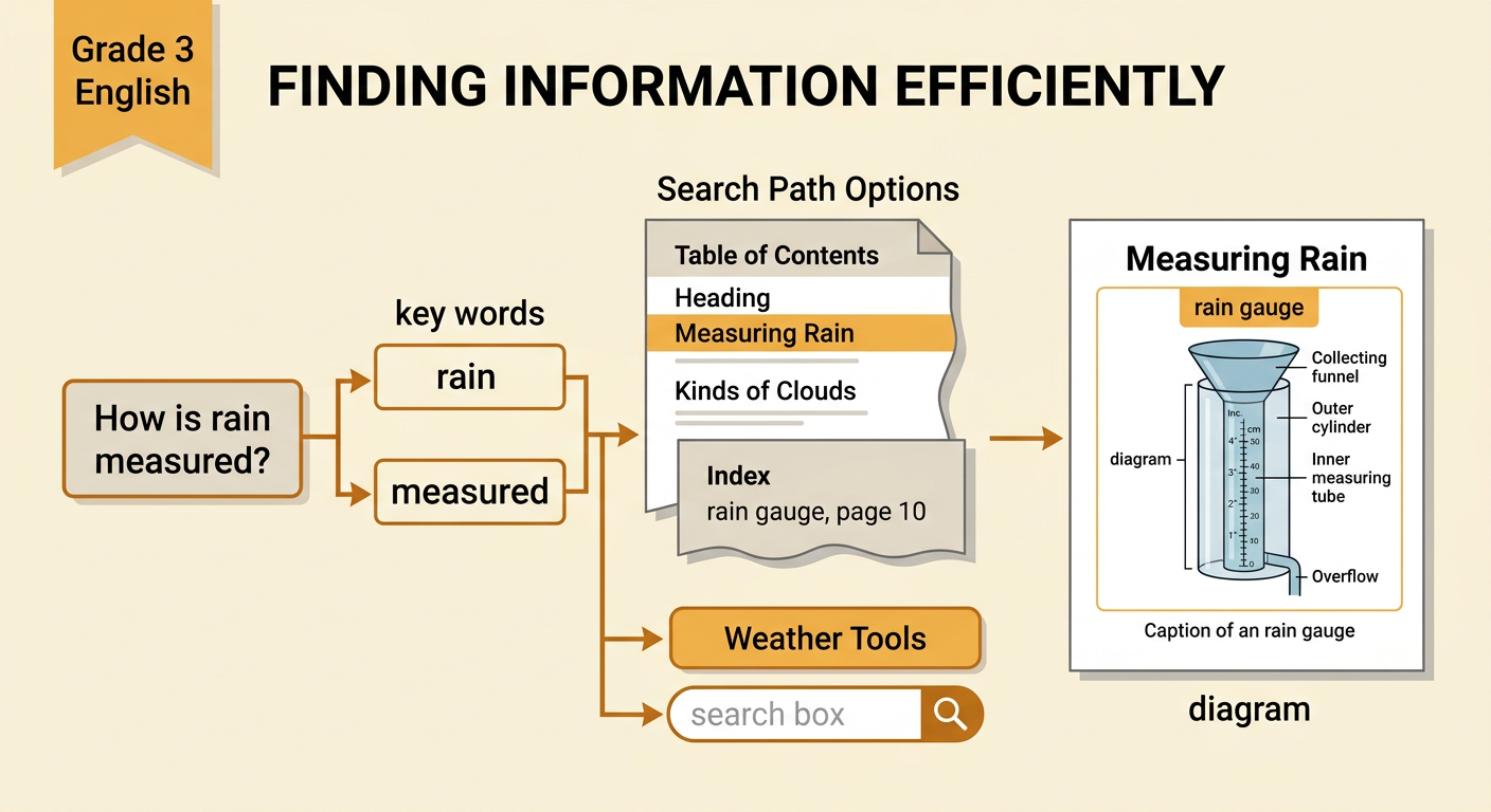 A weather search path uses the key words rain and measured to reach the Measuring Rain heading, rain gauge diagram, and Weather Tools hyperlink.