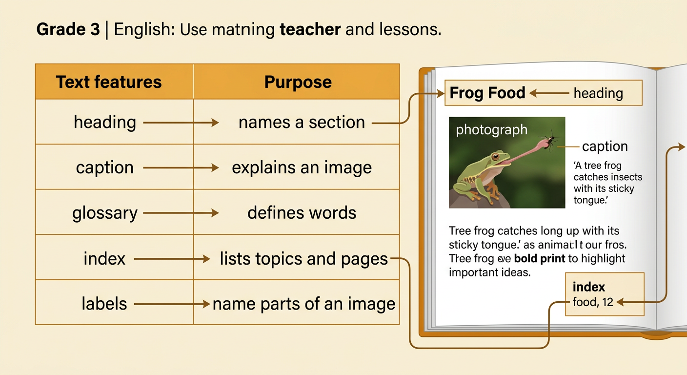 A frog book’s index points to page 12, where the Frog Food heading, photograph, and caption explain how a tree frog catches an insect.