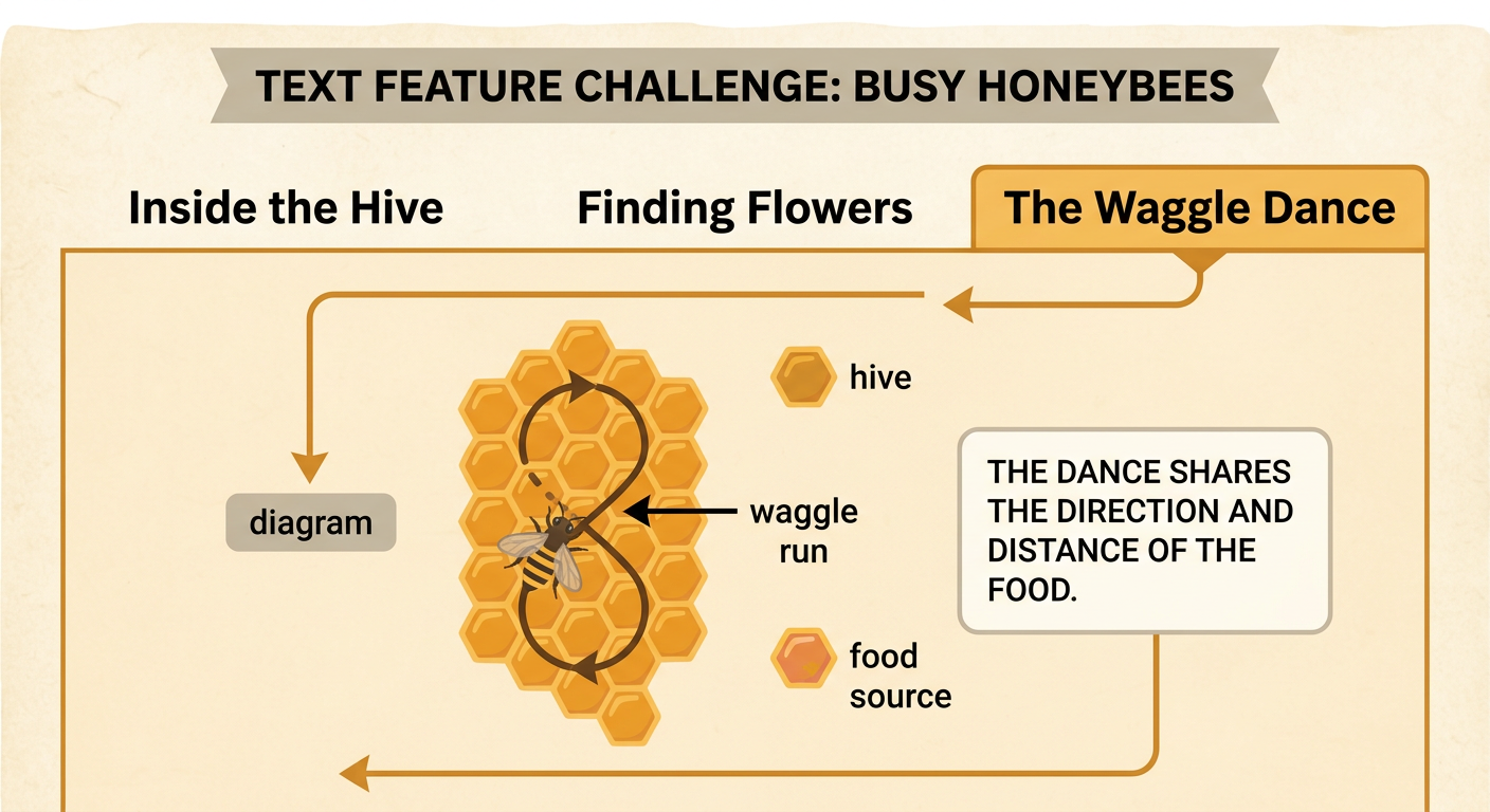 A Busy Honeybees article shows a waggle-dance diagram with arrows leading from the hive toward a food source and a caption explaining the message.