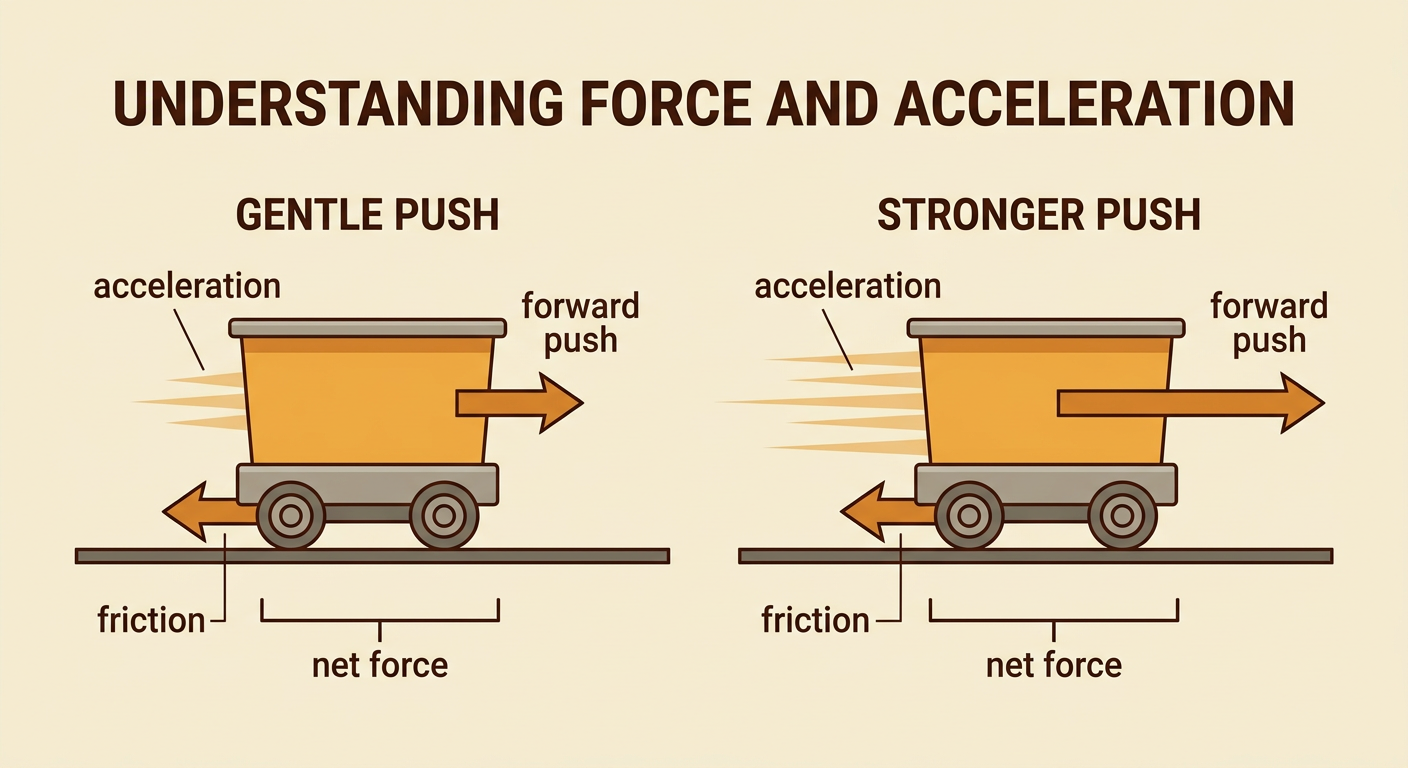 Two carts show a stronger forward push causing more acceleration, while a force diagram shows forward push opposed by friction.