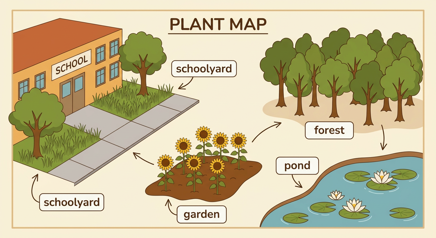 An illustrated plant map shows a schoolyard, garden, forest, and pond with different plants growing in each place.
