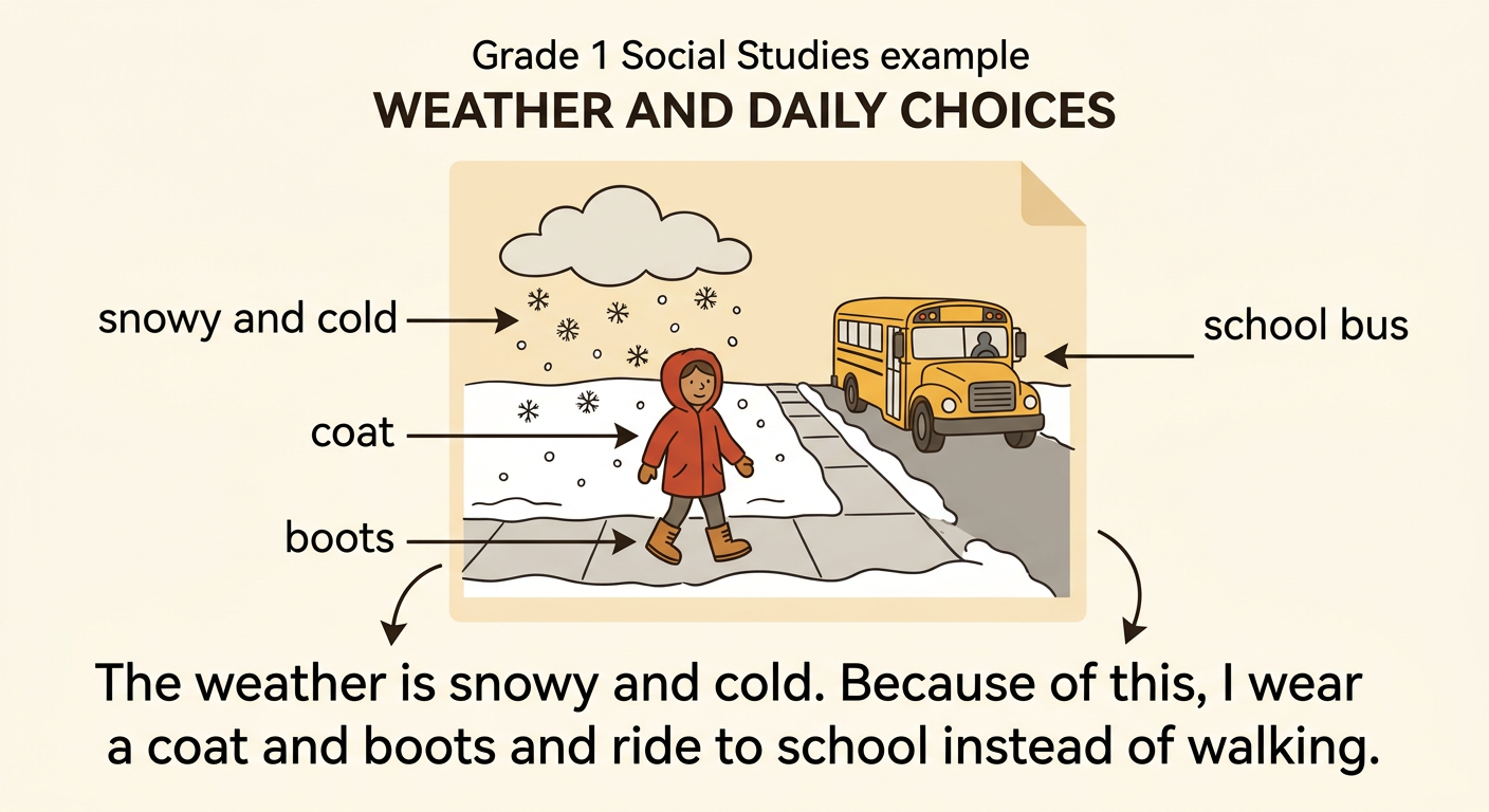 A child in a coat and boots waits for a school bus on a snowy, cold morning.