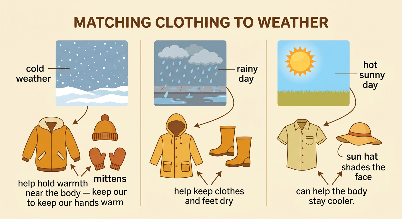 A weather-matching chart pairs winter clothes, rain gear, and summer clothes with the correct conditions.