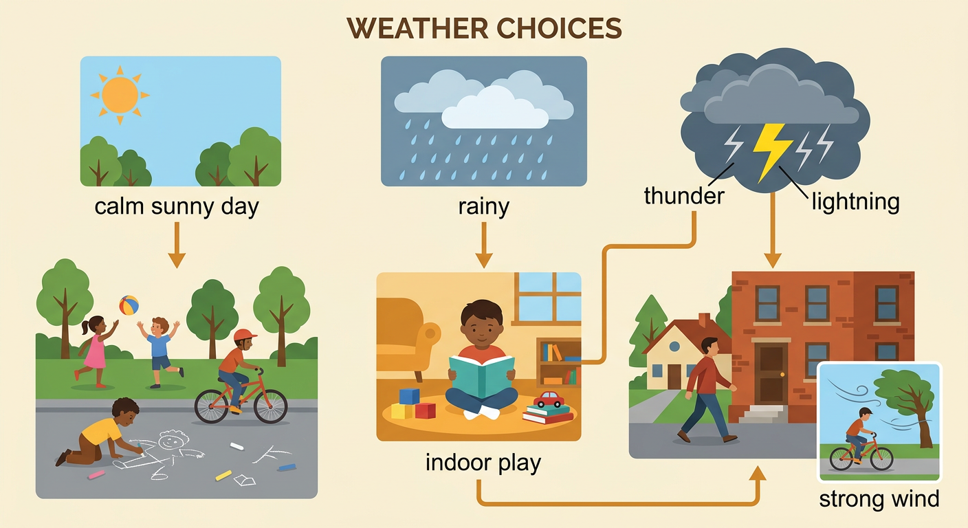 Children choose outdoor play in calm sunshine and indoor play when thunder and lightning arrive.