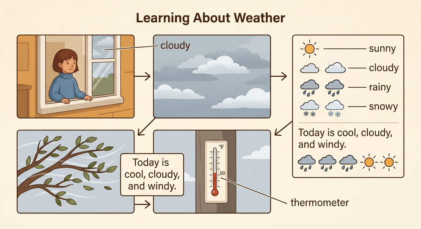 A child observes four weather clues outside while checking the temperature with a thermometer.
