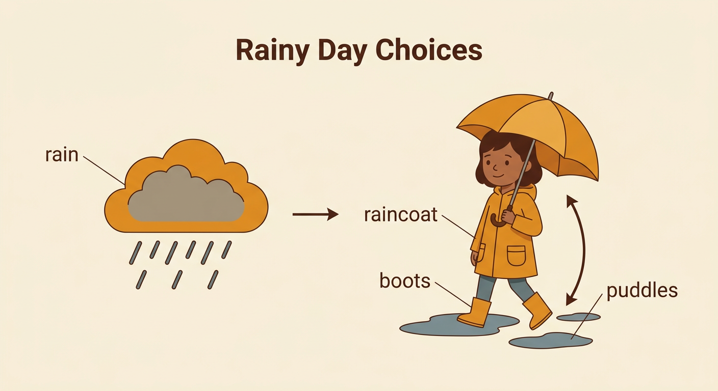 Maya wears rain gear and carefully walks around puddles on her way to school.