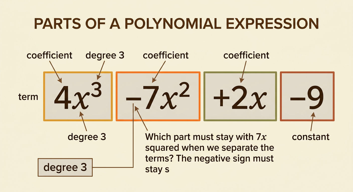 A color-coded diagram separates 4x³ − 7x² + 2x − 9 into signed terms and identifies the coefficient, constant, and degree.