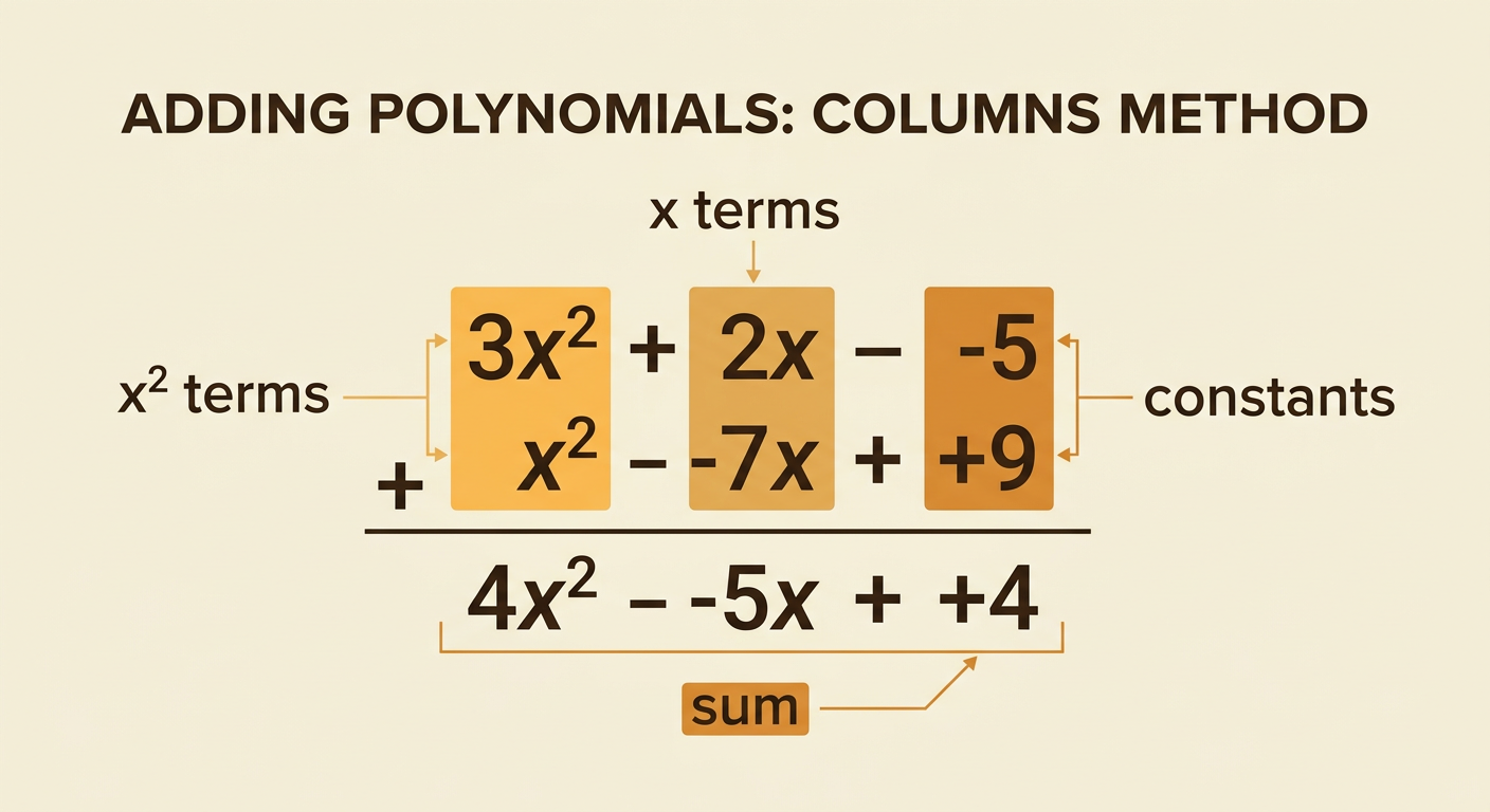 Two polynomials are vertically aligned by x² terms, x terms, and constants to produce their sum.