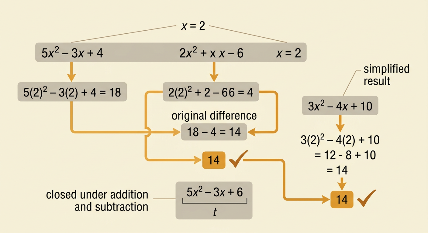 A side-by-side substitution check at x = 2 shows the original difference and simplified result both equal 14.