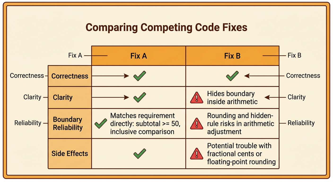 A side-by-side comparison rates two proposed fixes against the requirement and the full test suite.