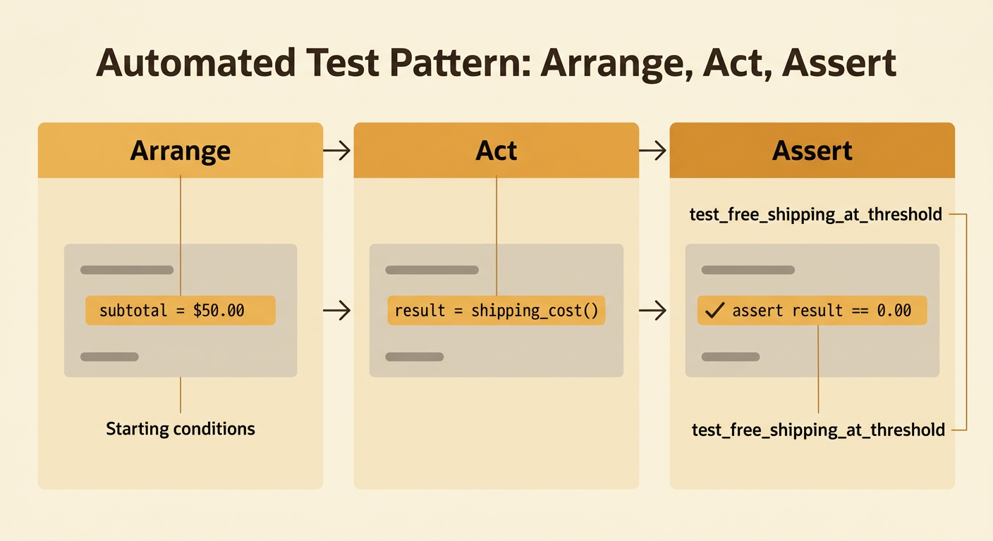 A Python unit test is divided into three connected blocks for arranging a subtotal, calling the function, and checking the result.