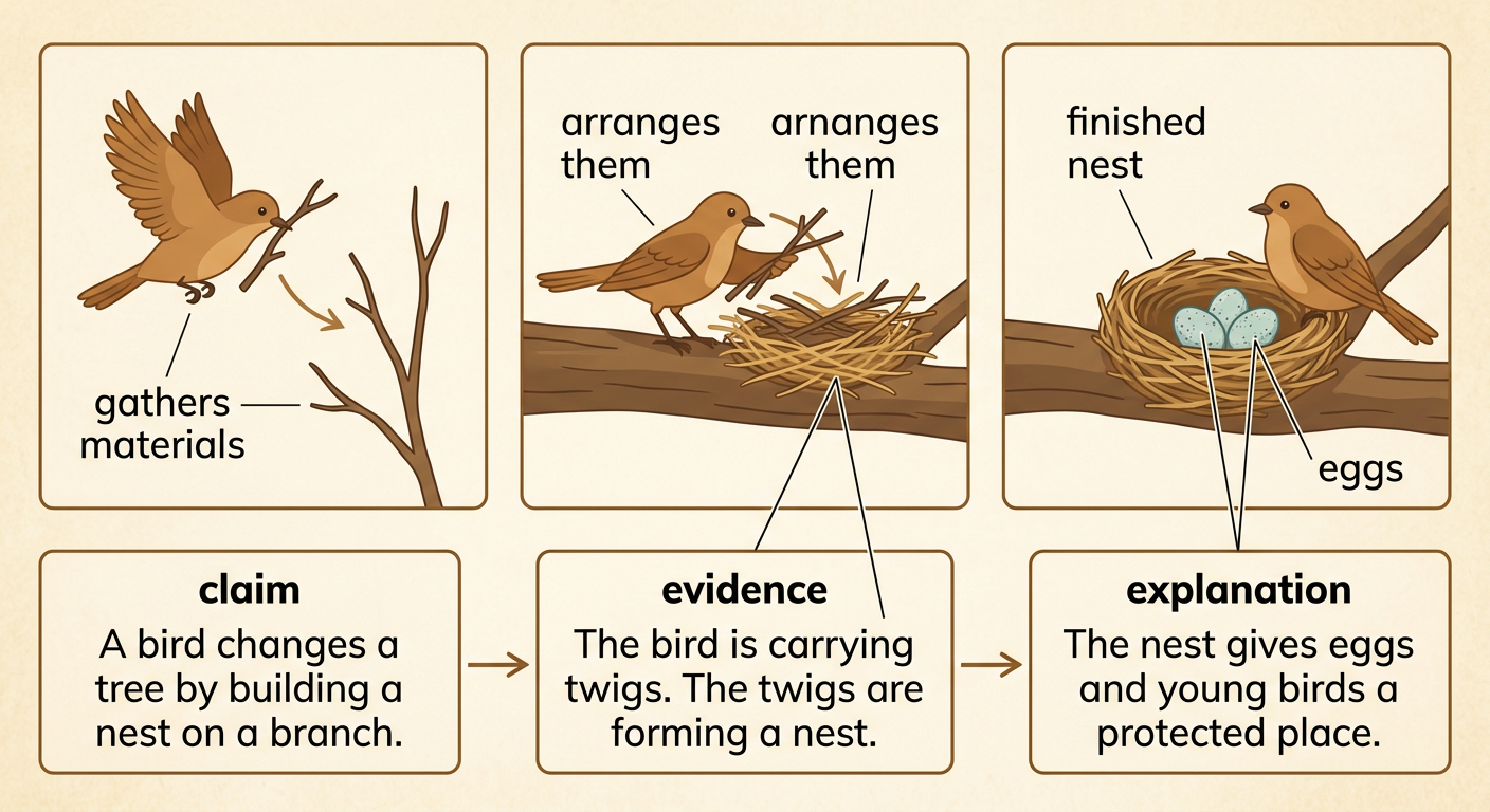 A three-step picture shows a bird gathering twigs, arranging them on a branch, and sitting beside eggs in the finished nest.