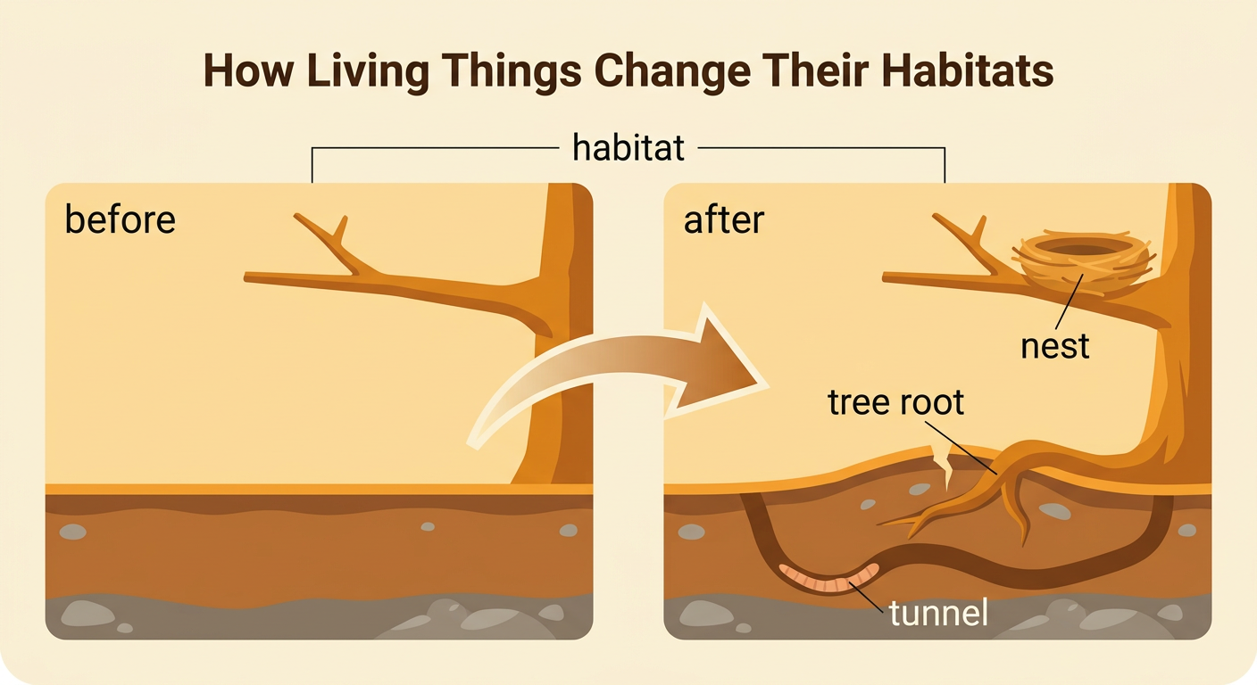 A before-and-after habitat scene shows a tree root lifting a sidewalk, a worm tunnel underground, and a bird nest on a branch.