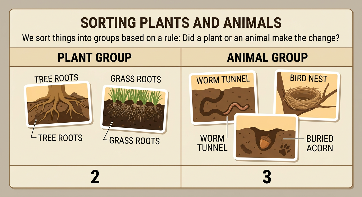 Five picture cards are sorted into a plant group with tree roots and grass roots and an animal group with a worm tunnel, bird nest, and buried acorn.