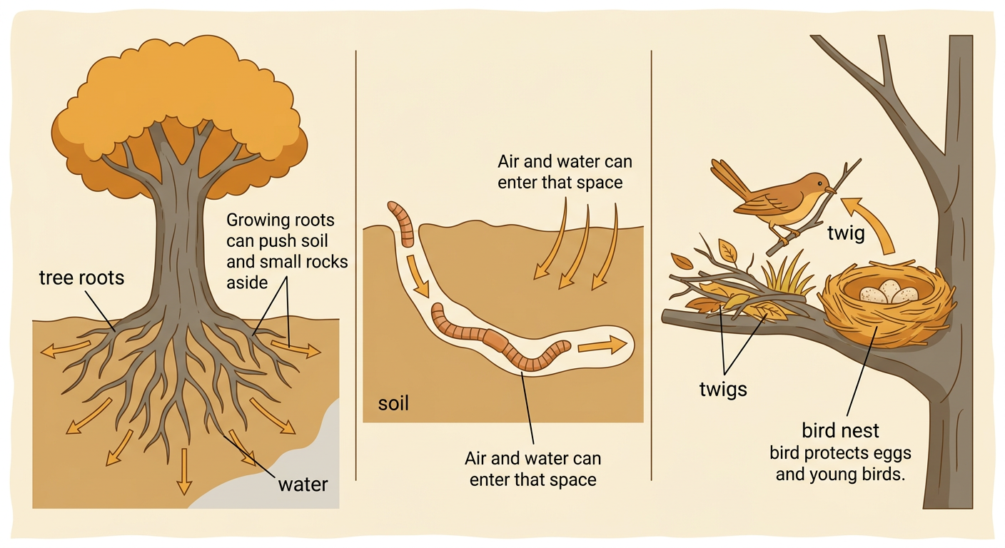 A cutaway nature diagram shows spreading tree roots, an earthworm making a tunnel, and a bird building a nest from twigs and grass.