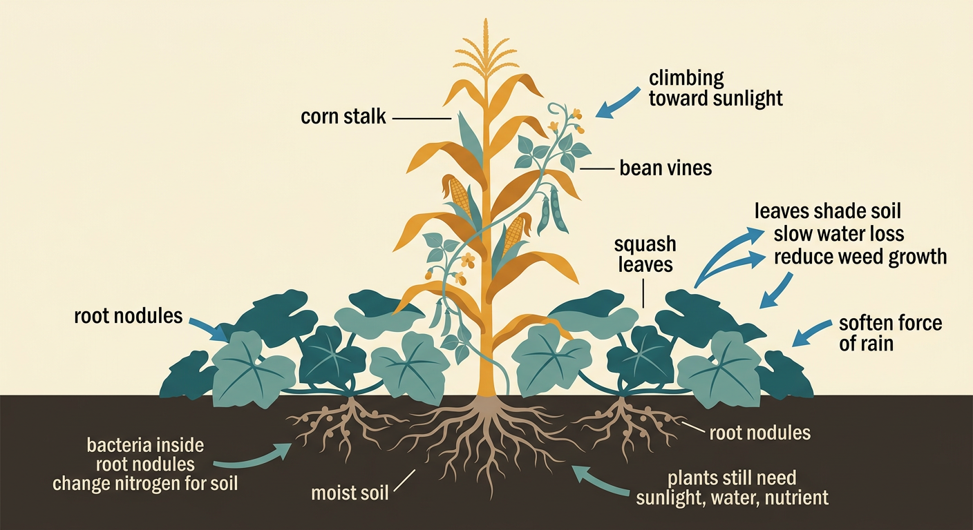 A cutaway garden diagram shows how the three plants support one another above and below ground.