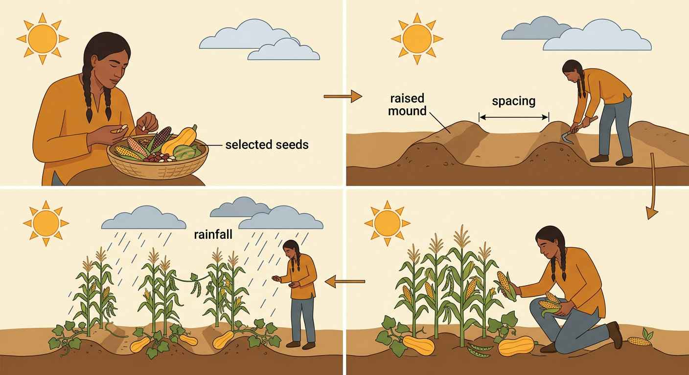 Two Indigenous planting areas show farming choices adapted to dry and wet environments.