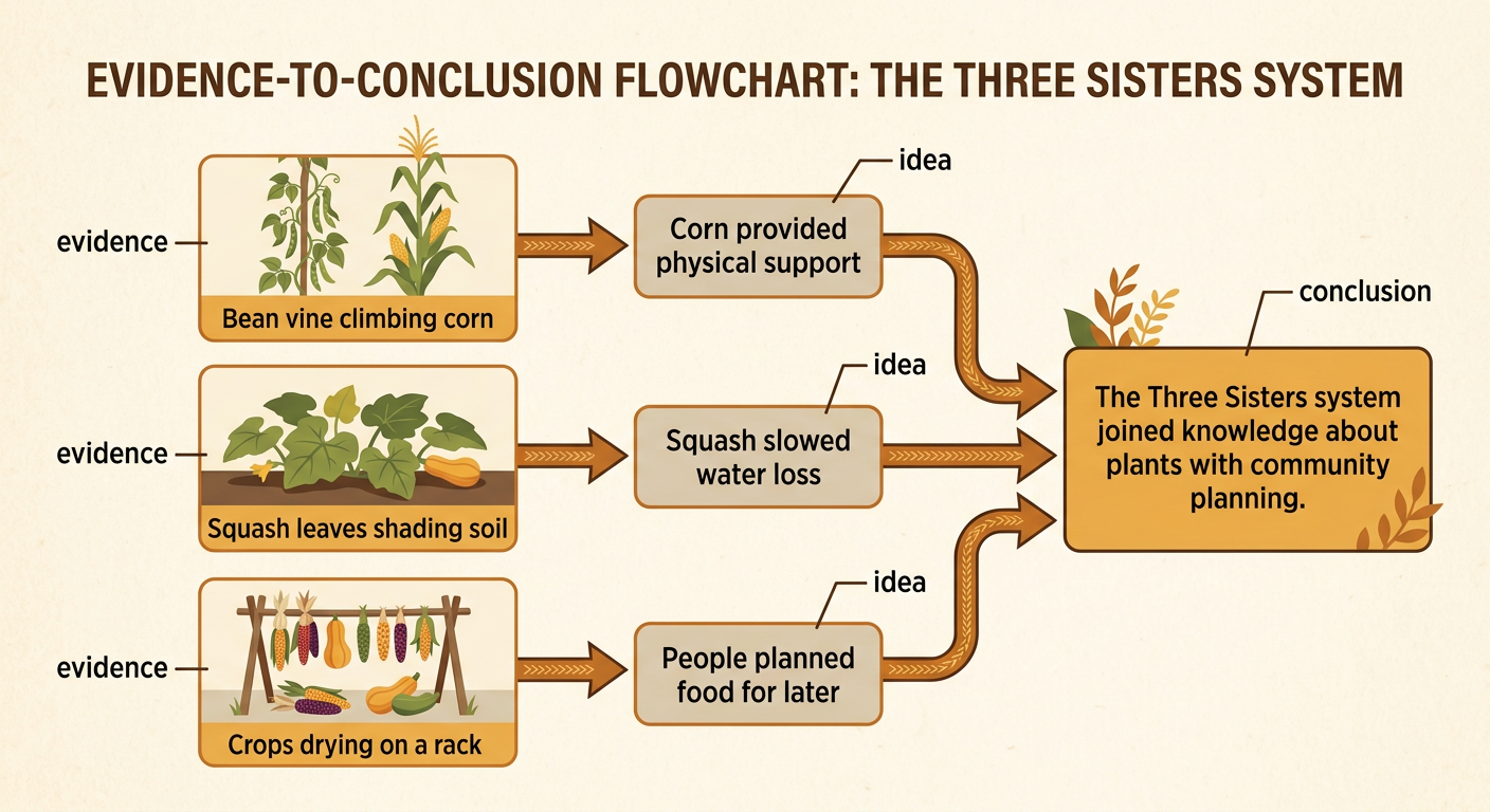 A simple illustrated chart connects details about plants and food storage to a supported conclusion.