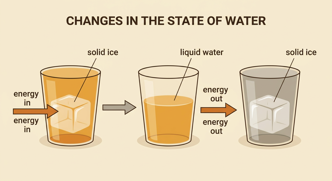 A clear cup shows solid ice melting into liquid water and then freezing again as energy moves in and out.