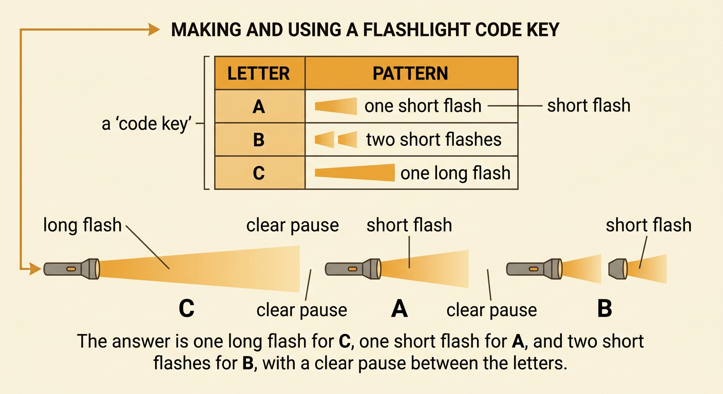 A simple code key matches flashlight patterns to the letters A, B, and C and shows pauses between letters.