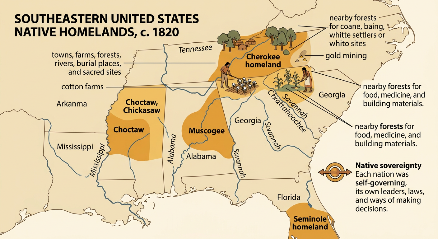 A labeled map shows southeastern Native homelands, rivers, farms, forests, cotton land, and a Georgia gold site.